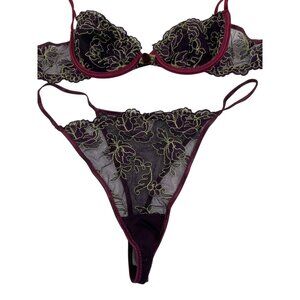 Sheer Purple Embroidered Lingerie Set W/ Underwire Bra & Matching Thong Size 34B